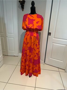 Bold Orange Maxi Dress with Fuchsia Floral Print